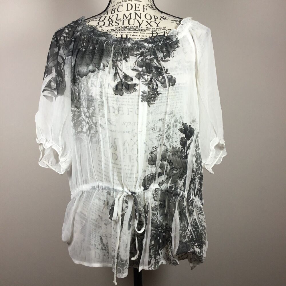 Sheer white top with black roses tie waist beachy hippie summer peasant PM